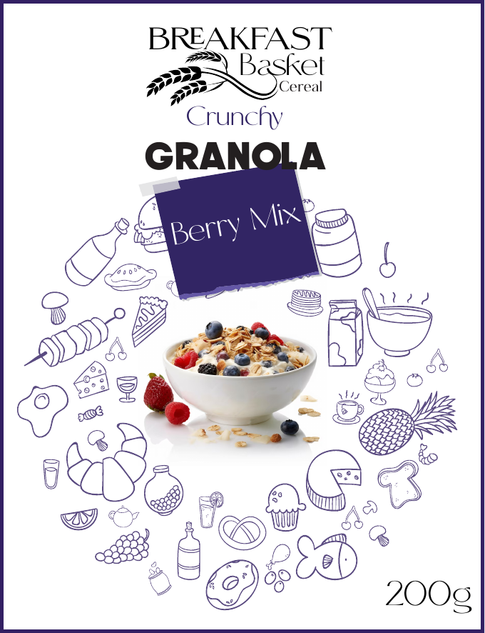 Breakfast Basket granola packaging, berry mix