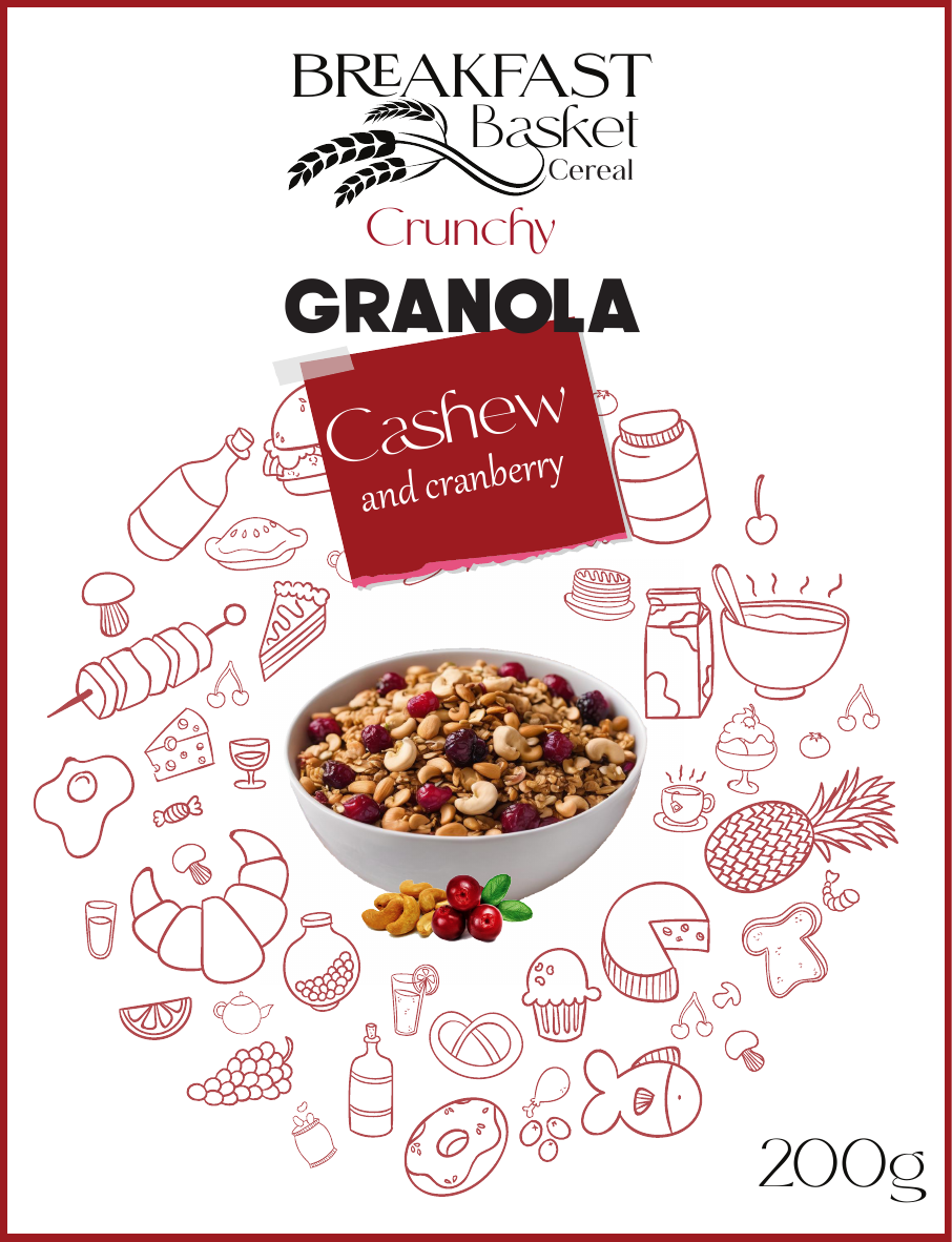 Breakfast Basket granola packaging, cashew and cranberry
