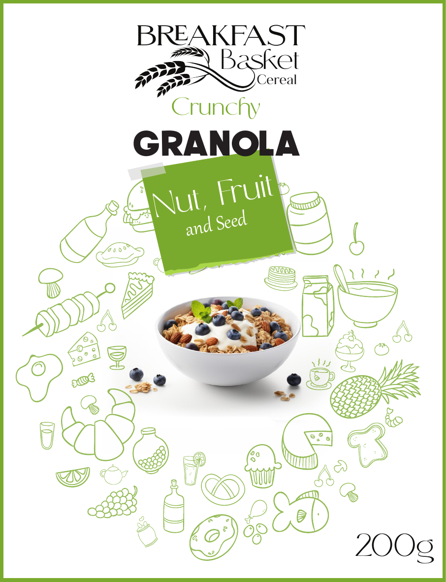 Breakfast Basket granola packaging, nut fruit and seed