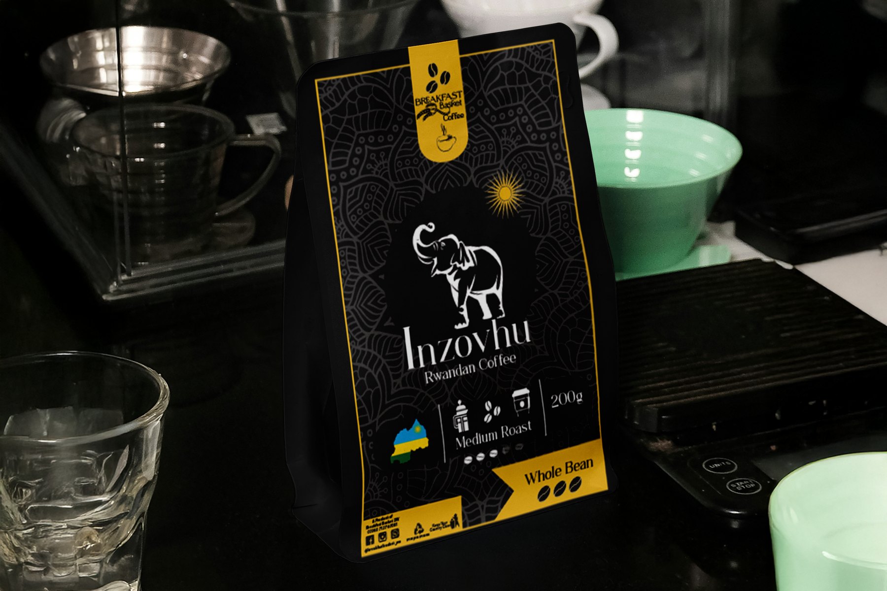 Inzovhu coffee bag mockup, gold and black, whole bean